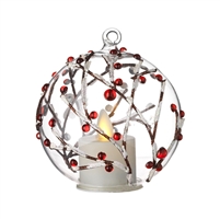 Liown - Berry Branch Ornament With Non-Moving Flame LED Tealight - 3.5-Inch Diameter Glass Globe - Remote Ready
