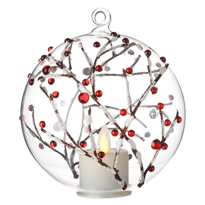 Liown - Berry Branch Ornament With Non-Moving Flame LED Tealight - 5-Inch Diameter Glass Globe - Remote Ready