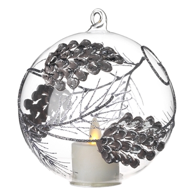 Liown - Pinecone Ornament With Non-Moving Flame LED Tealight - 5-Inch Diameter Glass Globe - Remote Ready