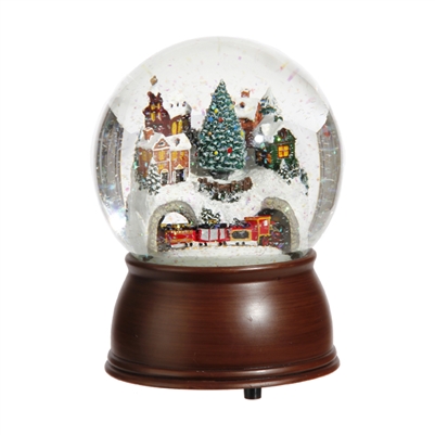 RAZ Imports - 6.5" Wind Up Musical House and Rotating Train Water Snow Globe - Plays "Over the River and Through the Woods"
