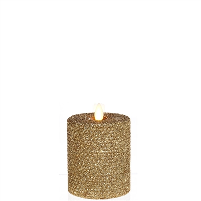 Liown - Moving Flame - Flameless LED Candle - Indoor - Honeycomb Wax - Gold Glitter Coating - Unscented - Remote Ready - 3.25" x 4.5"