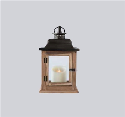LightLi - Moving Flame LED Candle Lantern - Wood & Metal Construction w/ Glass Panes - 7.5" x 5.5" x 12.5" - Remote Ready