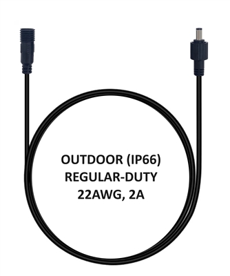 3.3-ft Power Extension Cable - OUTDOOR RATED (IP66) - REGULAR-DUTY - 22AWG - 2A - M12-1.75 Screw Threads - 5.5mm x 2.1mm Barrel Connectors - Works with Outdoor Battery Eliminator Kits