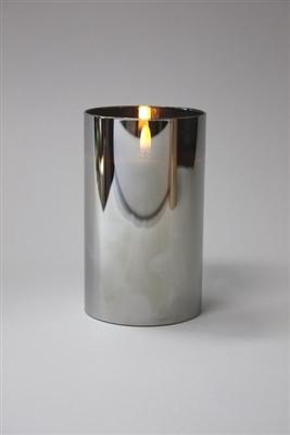 Radiance - Chrome Glass Pillar Candle - Poured Wax - Realistic LED Flame Effect - Indoor - Unscented Wax - Remote Ready - 3.5" x 6"