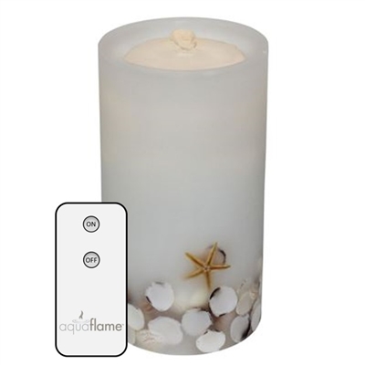 AquaFlame - Flameless LED Candle Fountain - White Colored Wax - Embedded Sea Shells - 4.2" x 7.8" - Remote Control