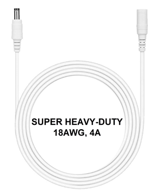 6.5-ft Power Extension Cable (White) - SUPER HEAVY-DUTY 18AWG - 4A - 5.5mm x 2.1mm Barrel Connectors - Works with Battery Eliminator Kits