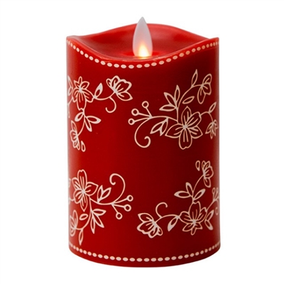Temp-tations by Tara - Flameless LED Candle - Indoor - Wax - Floral Lace Red - 3.25" x 5" - Remote Ready