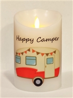 "Happy Camper" (Burnt Orange) Moving Flame LED Candle - White Wax - Indoor - 3.5" x 5" - Blow "OFF" / Blow "ON" - Remote Enabled