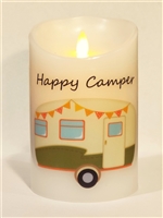 "Happy Camper" (Olive Green) Moving Flame LED Candle - White Wax - Indoor - 3.5" x 5" - Blow "OFF" / Blow "ON" - Remote Enabled