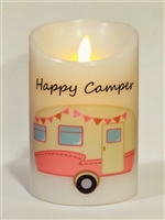 "Happy Camper" (Hot Pink) Moving Flame LED Candle - White Wax - Indoor - 3.5" x 5" - Blow "OFF" / Blow "ON" - Remote Enabled