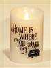 "Happy Camper" - "Home Is Where You Park It" - Moving Flame LED Candle - White Wax - Indoor - 3.5" x 5" - Blow "OFF" / Blow "ON" - Remote Enabled