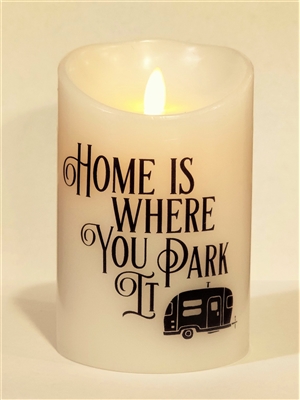 "Happy Camper" - "Home Is Where You Park It" - Moving Flame LED Candle - White Wax - Indoor - 3.5" x 5" - Blow "OFF" / Blow "ON" - Remote Enabled