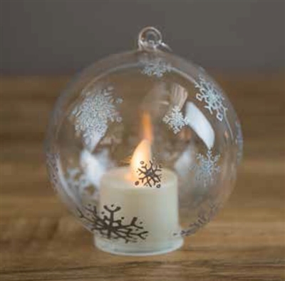 LightLi by Liown - Pewter Snowflake Ornament With Moving Flame LED Tealight - 3.5-Inch Diameter Globe - Remote Ready