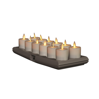 Torchier Moving Flame - Rechargeable Flameless LED Candles - Set of 12 x 1.6-Inch Tealight Votives with Charging Base - Ivory ABS Plastic - Remote Ready