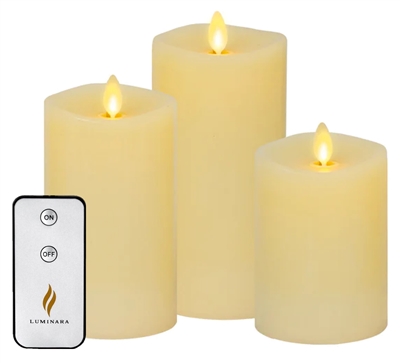 Luminara Set of 3 Moving Flame LED Pillar Candles - Unscented Ivory Wax - 3" x 4.5"/5.5"/6.5" - Remote Included