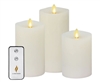 Luminara Set of 3 Moving Flame LED Pillar Candles - Unscented White Wax - 3" x 4.5"/5.5"/6.5" - Remote Included