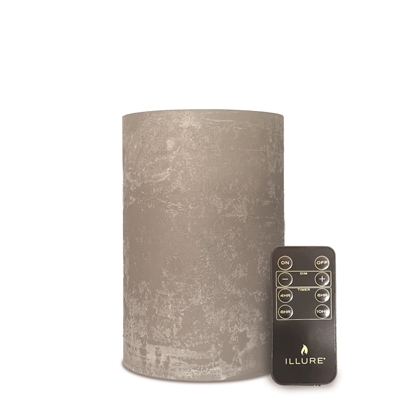 iLLure Artisan Collection - Flameless LED Pillar Candle - 3D Flame w/ Inner Glow - Indoor - Unscented Flint Grey Distressed-Texture Wax - Remote Included - 4" x 6"