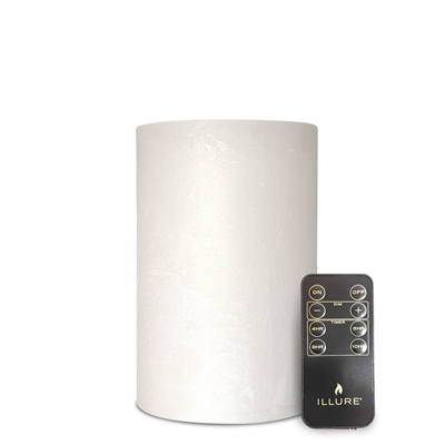 iLLure Artisan Collection - Flameless LED Pillar Candle - 3D Flame w/ Inner Glow - Indoor - Unscented Ice White Distressed-Texture Wax - Remote Included - 4" x 6"