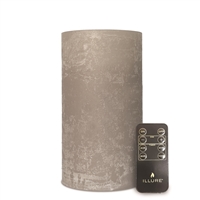 iLLure Artisan Collection - Flameless LED Pillar Candle - 3D Flame w/ Inner Glow - Indoor - Unscented Flint Grey Distressed-Texture Wax - Remote Included - 4" x 8"