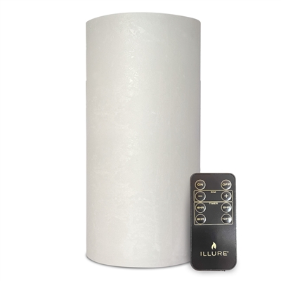 iLLure Artisan Collection - Flameless LED Pillar Candle - 3D Flame w/ Inner Glow - Indoor - Unscented Ice White Distressed-Texture Wax - Remote Included - 4" x 10"