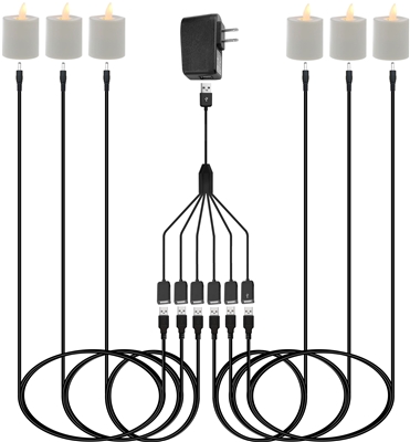 Luminara Set of 6 Rechargeable Moving Flame LED Tealight Candles - Ivory ABS - AC/DC Wall Power Adapter & Charging Cables Included - Remote Capable