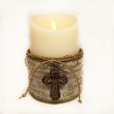 Flameless Candle Cuff - Gold Mesh Ribbon - Biblical Names of Jesus w/ Cross - For 3.5-Inch x 5-Inch Flameless Candles