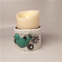 Flameless Candle Cuff - White Sweater Fabric - Bluebird & Gemstones - For 3.5-Inch x 5-Inch Flameless Candles