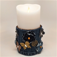 Flameless Candle Cuff - Blue Denim Fabric - Butterflies and Flowers - For 3.5-Inch x 7-Inch Flameless Candles