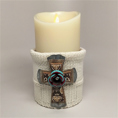 Flameless Candle Cuff - White Sweater Fabric - Cross - For 3.5-Inch x 7-Inch Flameless Candles