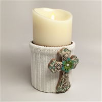 Flameless Candle Cuff - White Sweater Fabric - Cross w/ Flower - For 3.5-Inch x 7-Inch Flameless Candles