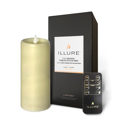 iLLure - Flameless LED Pillar Candle - 3D Flame w/ Inner Glow - Indoor - Unscented Ivory Wax - Remote Included - 3" x 6"