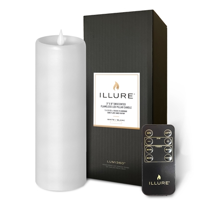 iLLure - Flameless LED Pillar Candle - 3D Flame w/ Inner Glow - Indoor - Unscented White Wax - Remote Included - 3" x 8"
