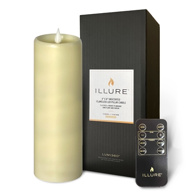 iLLure - Flameless LED Pillar Candle - 3D Flame w/ Inner Glow - Indoor - Unscented Ivory Wax - Remote Included - 3" x 8"