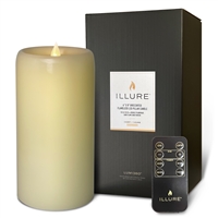 iLLure - Flameless LED Pillar Candle - 3D Flame w/ Inner Glow - Indoor - Unscented Ivory Wax - Remote Included - 4" x 8"