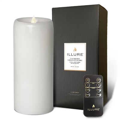 iLLure - Flameless LED Pillar Candle - 3D Flame w/ Inner Glow - Indoor - Unscented White Wax - Remote Included - 4" x 10"
