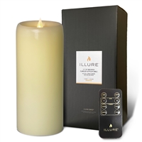 iLLure - Flameless LED Pillar Candle - 3D Flame w/ Inner Glow - Indoor - Unscented Ivory Wax - Remote Included - 4" x 10"