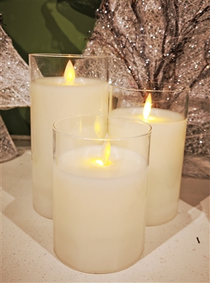 Fantastic Craft - Set of 3 Moving Flame LED Glass Pillars - Clear Glass & Cream-Colored Wax - 3" x 5", 6" & 7" - Remote Included