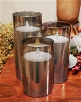 Fantastic Craft - Set of 3 Moving Flame LED Glass Pillars - Smoke Colored Glass and Ivory Colored Wax - 3" x 5",-6" & 7 - Remote Included