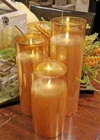 Fantastic Craft - Set of 3 Moving Flame LED Glass Pillars - Amber Colored Glass & Ivory Colored Wax - 3" x 8", 10" & 12" - Remote Included