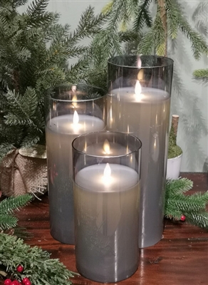 Fantastic Craft - Set of 3 Moving Flame LED Glass Pillars - Smoke Colored Glass and Ivory Colored Wax - 3" x 8", 10" & 12" - Remote Included