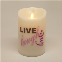 "Live, Laugh, Love" - Luminara Real-Flame Effect - Flameless LED Candle - Indoor - Ivory Wax - Remote Ready - 3" x 4"