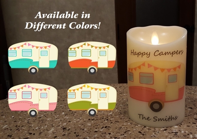 "Happy Campers" Luminara Flameless LED Candle - RV Safe - Realistic Moving Flame Action - Indoor - Ivory Wax - Remote Ready - 3.5" x 5"