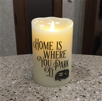 "Home is Where You Park It" Luminara Flameless LED Candle - RV Safe - Realistic Moving Flame Action - Indoor - Ivory Wax - Remote Ready - 3.5" x 5"