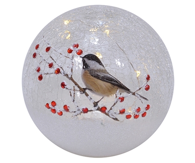 Single Chickadee - Crackle Glass LED Globe - Mark Feldstein - 6-Inch Diameter