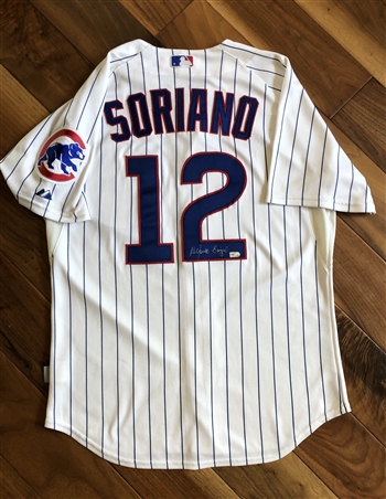 2008 Alfonso Soriano #12 Game Worn & Autographed Chicago Cubs Pinstripe Jersey.