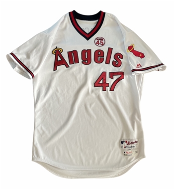 2019 Griffin Canning's Los Angeles Angels Game Worn White Alternate Throw Back Jersey with Tyler Skaggs Patch!