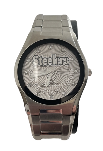 2010 Pittsburgh Steelers AFC Championship Watch Presented to Sam Adelmo, With Original Wooden Decorative Box.