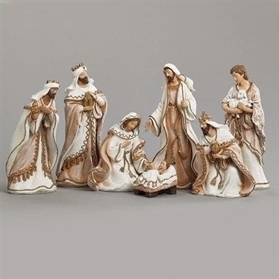 Roman - 7 Piece Nativity Set - 8.5" woven gold Trim Fabric look
