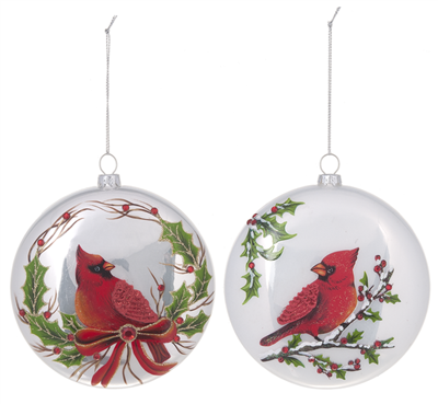 Cardinal and Holly Glass Ornaments - Set of 2
