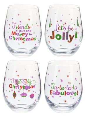 Ganz - Colorful holiday Stemless Wine Glasses - Set of 4